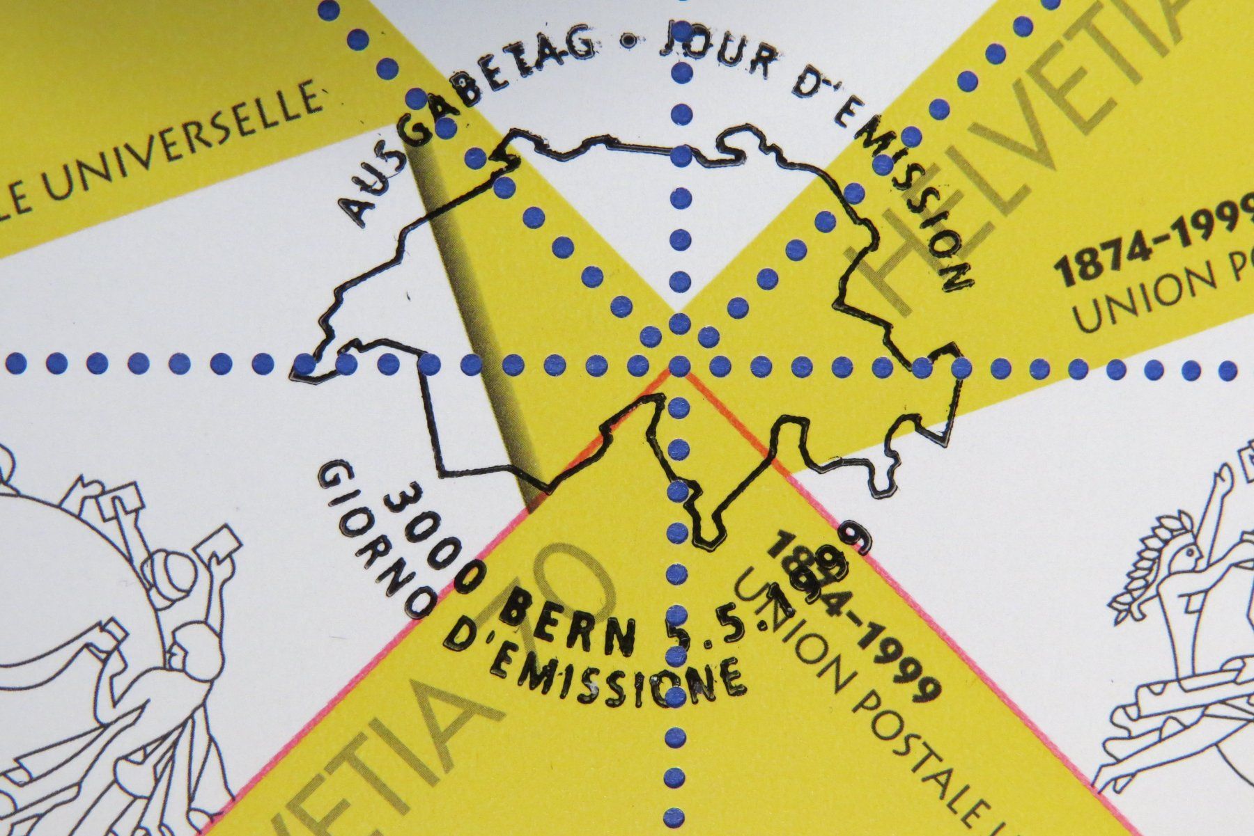 Tutti i francobolli: Halber Kleinbogen 'Weltpostverein' 1999  off.ET-Stempel BERN – Usato da Brunnen venduto da Kumari 1