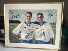Photo dédicacée Michael Schumacher & Raphaël Gianini F1 Foot