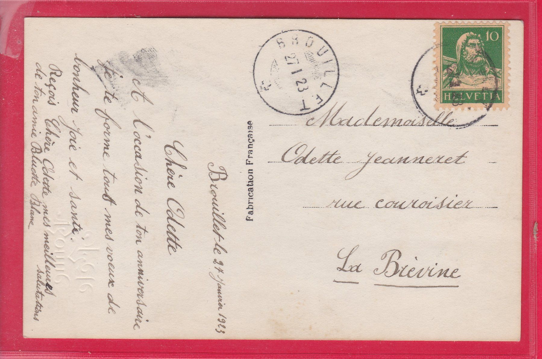 Cartoline postali: BONNE FETE, 27.1.1923 – Usato da Oberrieden venduto da Gebirgsstelze 1