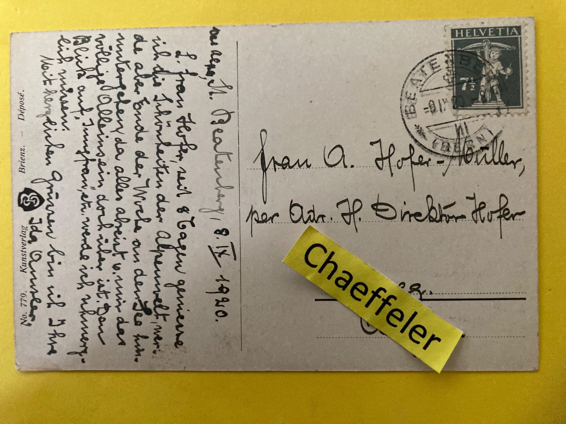 Cartoline postali: 1920 St. Beatenberg.  Eiger, Mönch und Jungfrau – Usato da Zürich venduto da Chaeffeler 1
