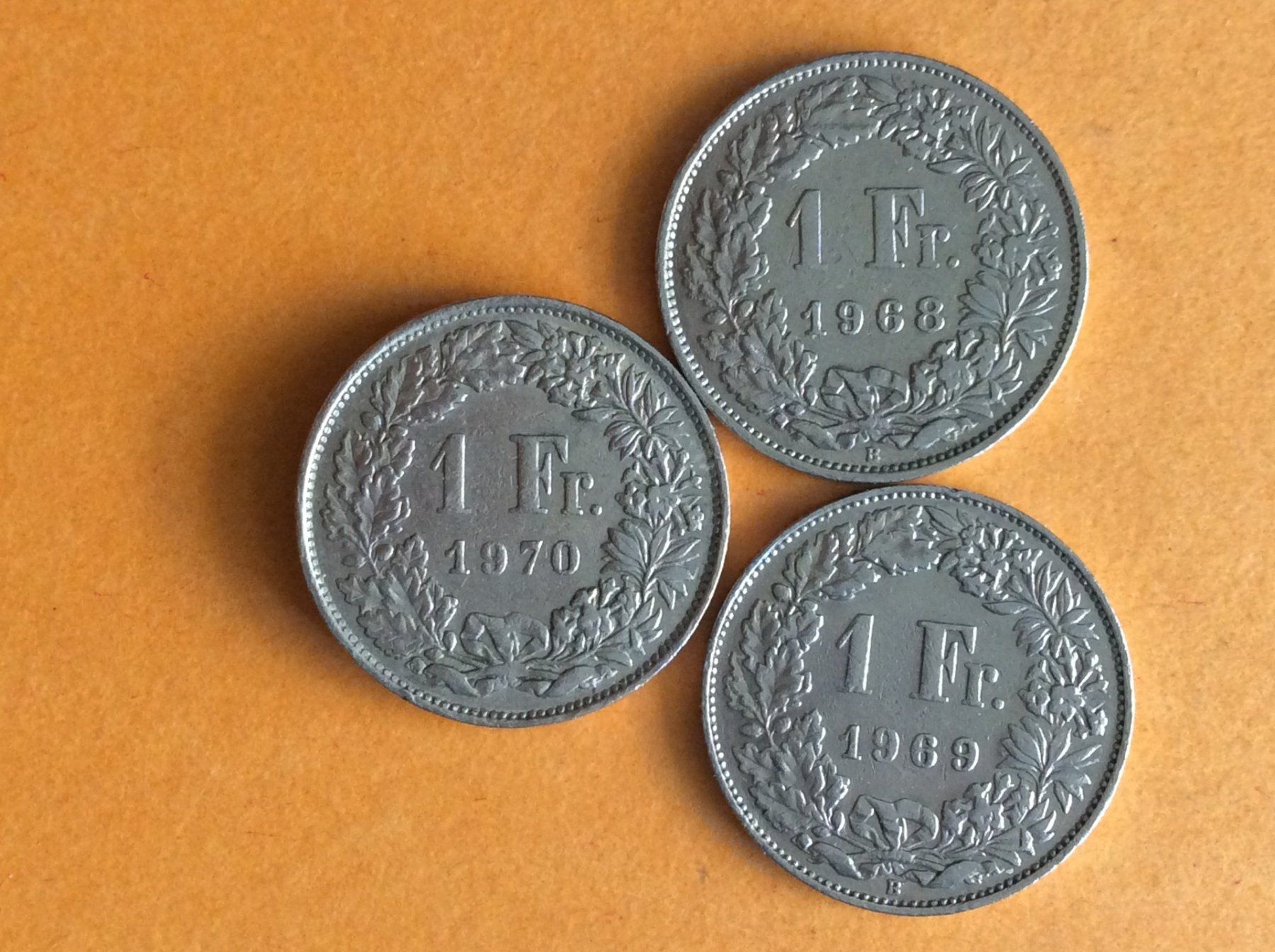 Alle Münzen: 1 franc  1968 - 1969 - 1970 – Gebraucht aus Genève von pie_fh2d