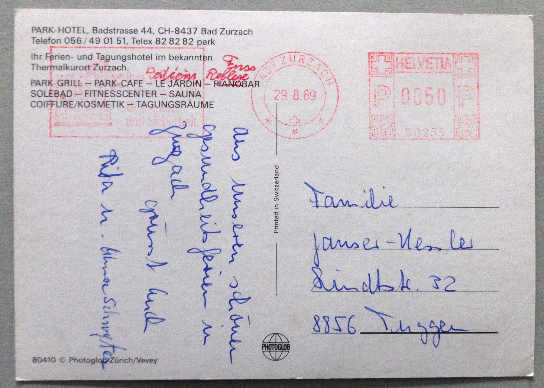 Cartoline postali: Park-Hotel, Bad Zurzach – Usato da Fétigny venduto da Billy2miny 1