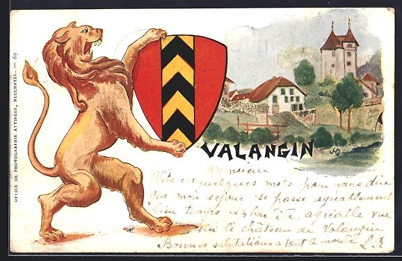 Cartoline postali: Litho Valangin, Ortsansicht, Löwe mit W – Usato da Berlin venduto da bartko-reher