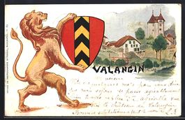 Litho Valangin, Ortsansicht, Löwe mit W