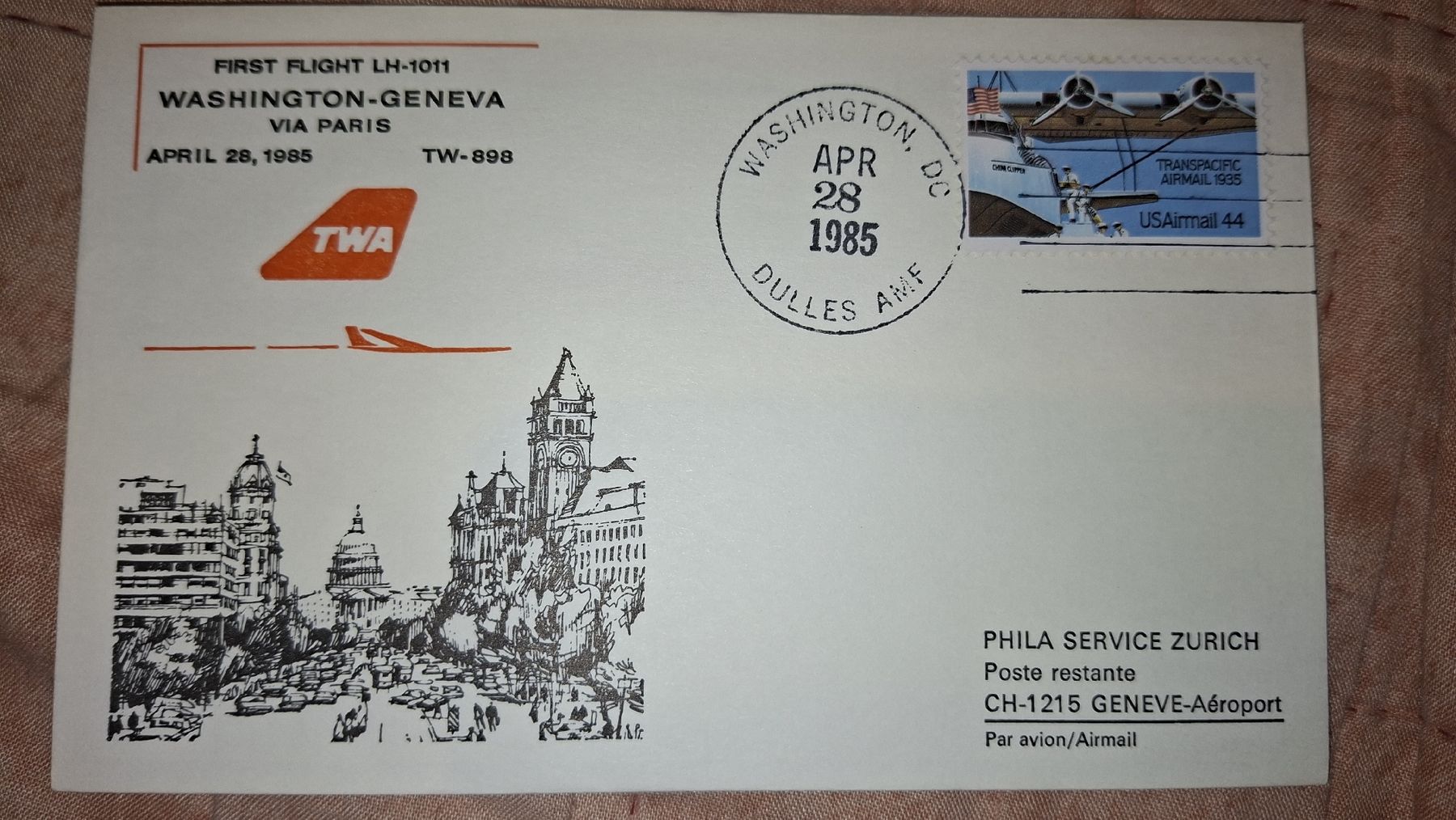 Tutti i francobolli: Swissair Washington - Geneva 28.04.1985 – Usato da Balgach venduto da SIMEON27