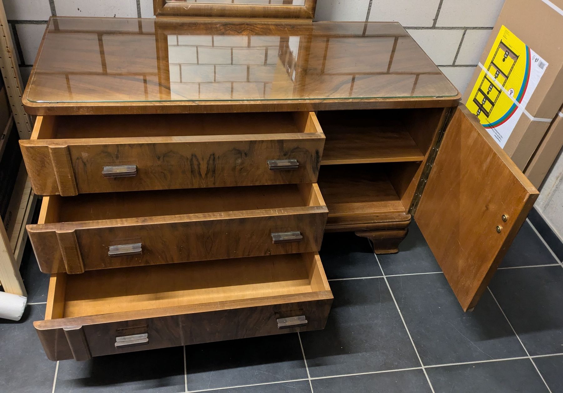 Vintage Frisierkommode mit Spiegel und Glasplatte, aus Holz (Gebraucht ...
