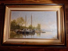 Tableau huile sur toile, paysage fluvial, signé Fritz Goosen