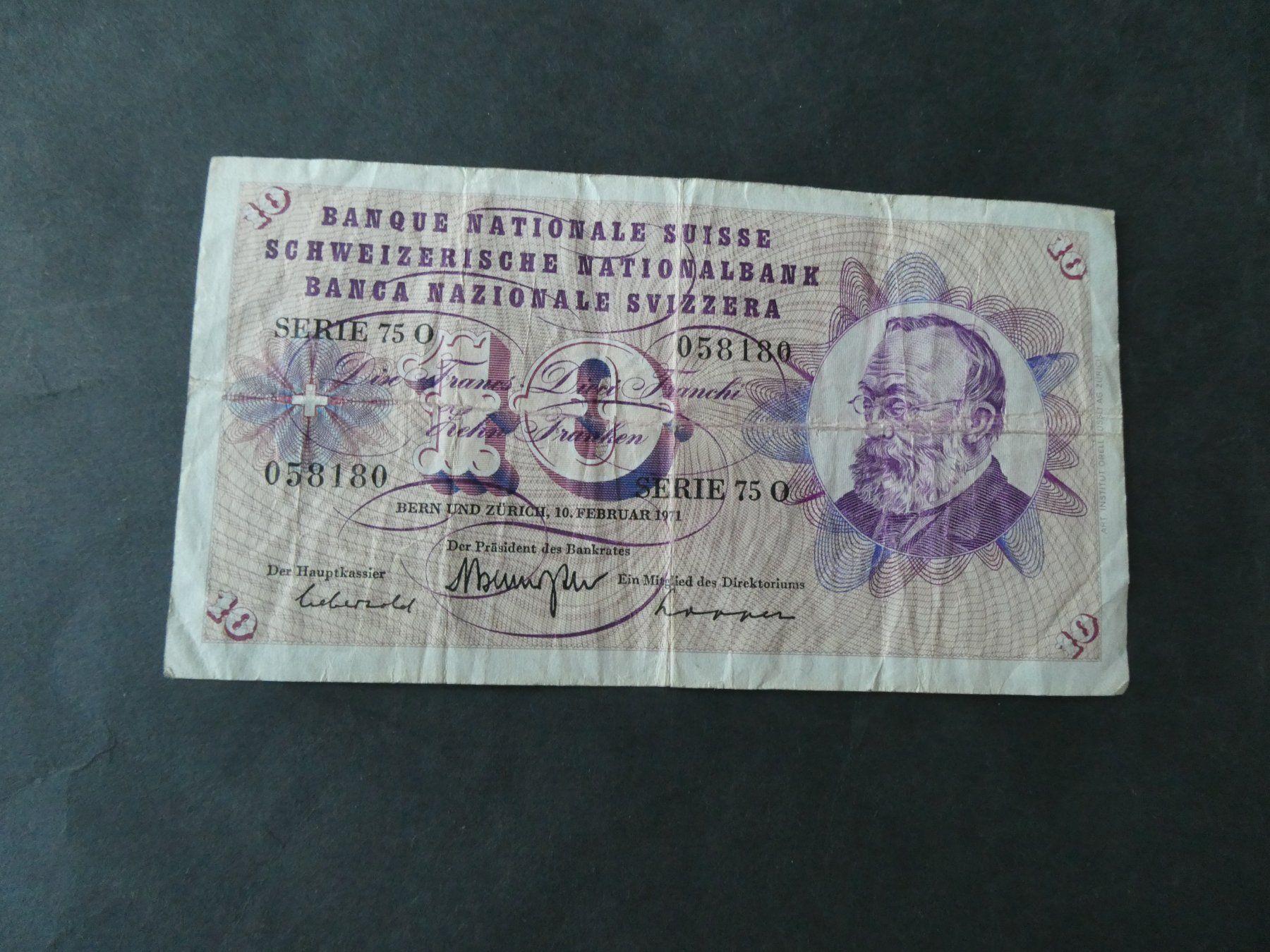 Banknoten: Schweiz 1971, 10 Franken – Gebraucht aus Hinterforst von Rohusri