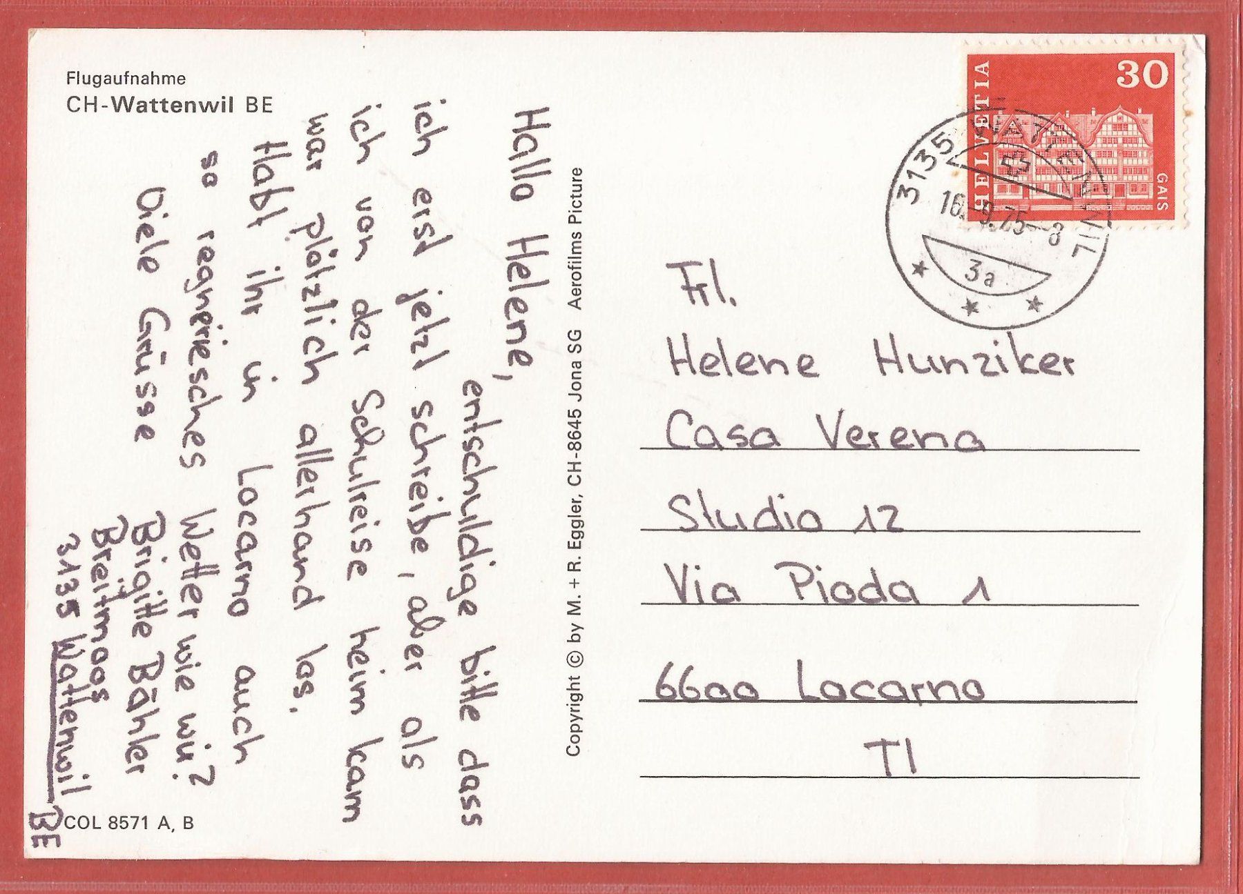 Cartoline postali: Wattenwil - Flugaufnahme 1975 – Usato da Fislisbach venduto da Porano 1