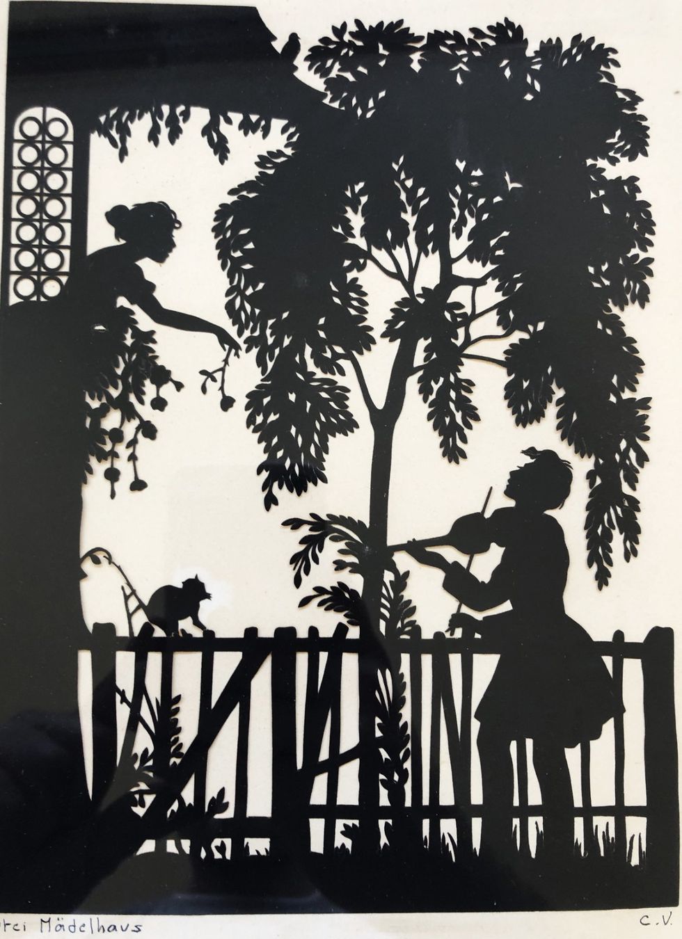 Grafica & Litografie: Orig. Scherenschnitt - "Drei Mädelhaus" - monogrammiert C.V – Usato da Schaffhausen venduto da durruti 1