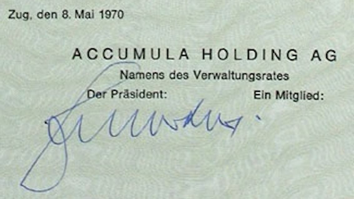Documenti: Accumula Holding AG Zug - 1970 – Usato da Solothurn venduto da Sgasche 1