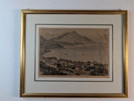 Zug und Zugersee mit Eisenbahn – Holzstich koloriert 1870
