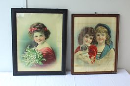 2 Chromolithographien Kinderbilder mit Hund + Maiglöckchen