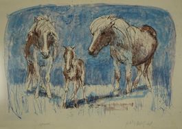 FRITZ HUG: PFERDE MIT FOHLEN, LITHOGRAPHIE 1968