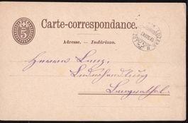 1875, Bahnstempel Luzern-Olten-Luzern II auf schöner PK 5c