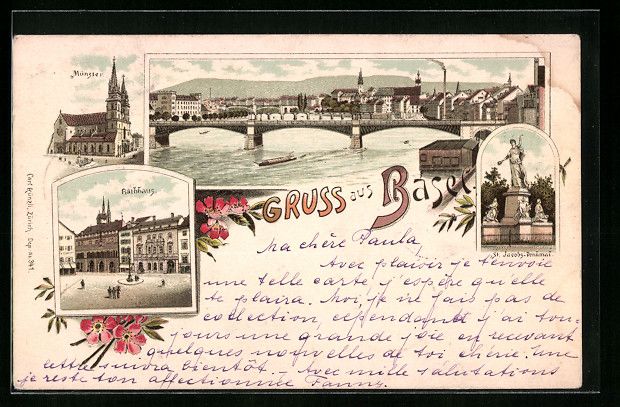 Cartes postales: Litho Basel, Stadtpanorama mit Brücken, – D'occasion à Berlin par bartko-reher