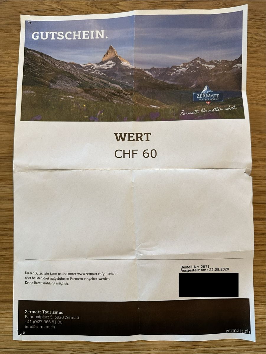 Buoni: Zermatt Gutschein CHF 60 – Nuovo (secondo la descrizione) da Herisau venduto da Elvis_29
