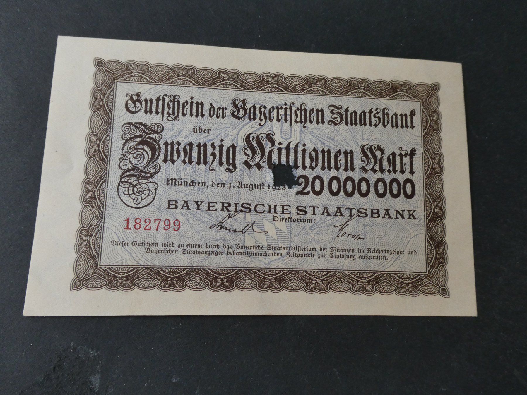 Banconote: Bayern 1923,  20 Millionen Mark – Usato da Hinterforst venduto da Rohusri
