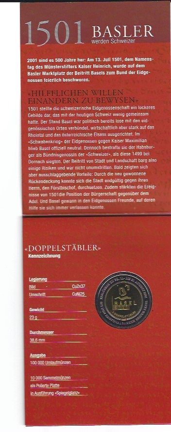 Alle Münzen: Münze Doppelstäbler 2001 – Neu (gemäss Beschreibung) aus Bottmingen von Golferin
