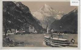 Flüelen mit Bristenstock - Dampfschiff