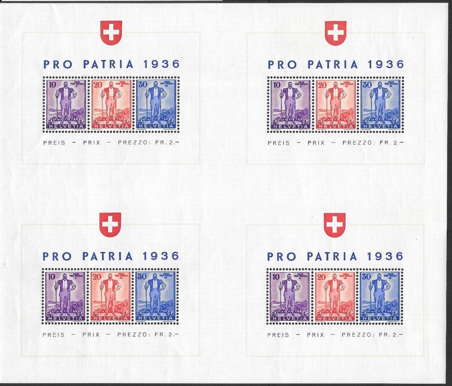 Tous les timbres: Pro Patria 1936 Blockbogen mit 4 Blocks ** Kat: 600.00 CHF – Neuf (Voir description) à Remetschwil par Hofiii