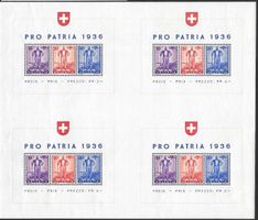 Pro Patria 1936 Blockbogen mit 4 Blocks ** Kat: 600.00 CHF