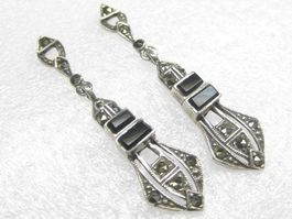 Antik Ohrringe Art Deco Stil / Silber 925 Onyx Markasiten