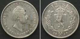 NORWEGEN 12 Skilling 1847 OSCAR I. von SCHWEDEN Silber ss-vz
