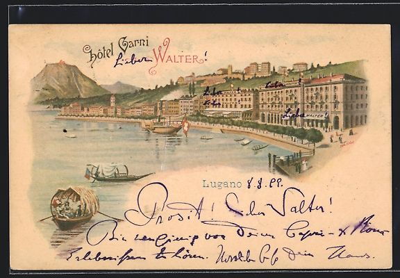 Cartoline postali: Lithographie Lugano, Hotel Garni Walter – Usato da Berlin venduto da bartko-reher