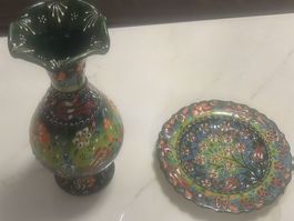 Handbemalte Vintage Blumenvase, Keramik, Top Zustand, grün