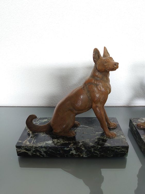 Paire De Serre-livres Art Déco 1930 - Chat Et Chien - Régule Et Marbre - Doré