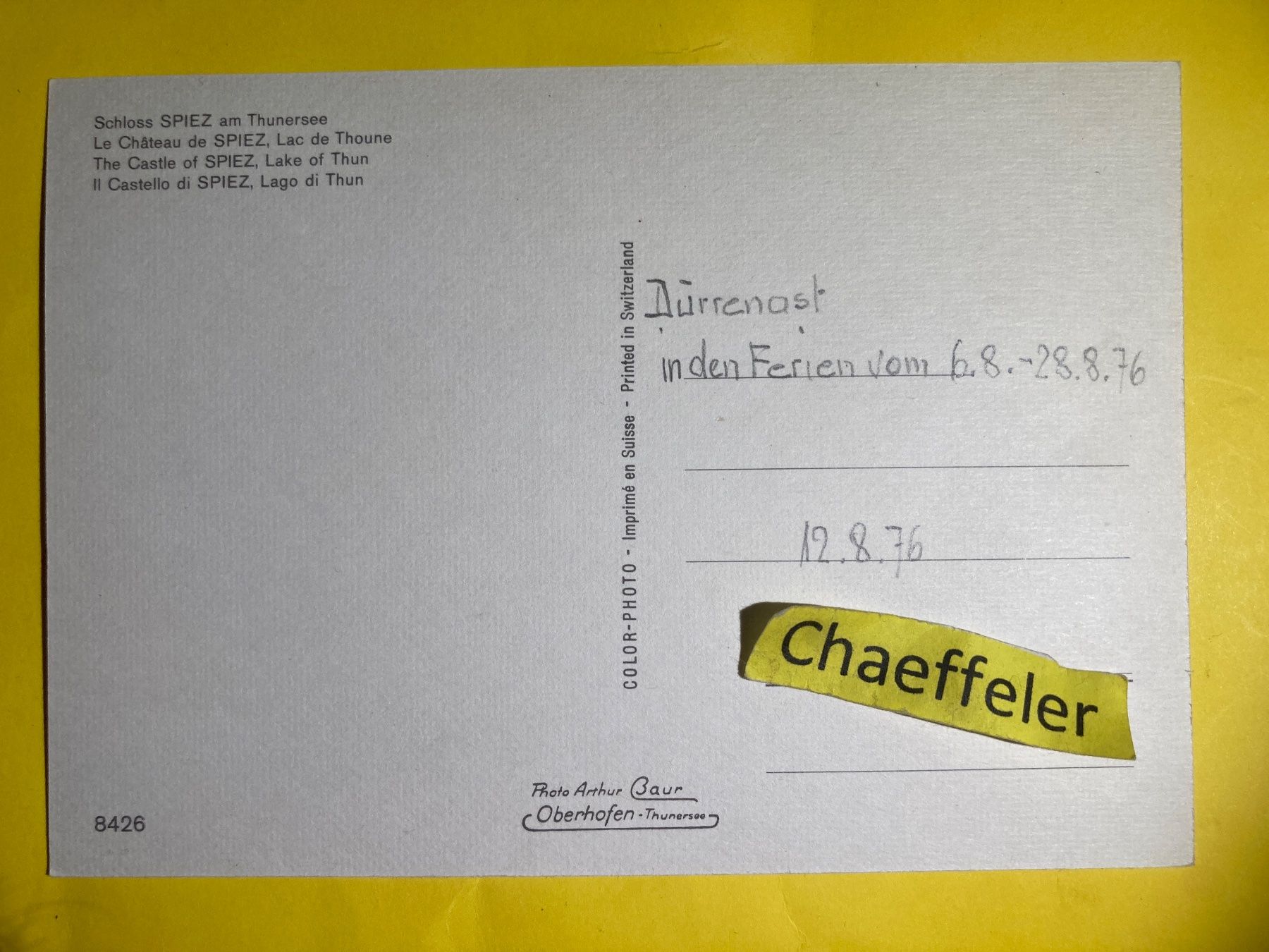 Cartes postales: 1976 Schloss Spiez – D'occasion à Zürich par Chaeffeler 1