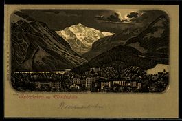 Lithographie Interlaken, Ortsansicht im Mondschein