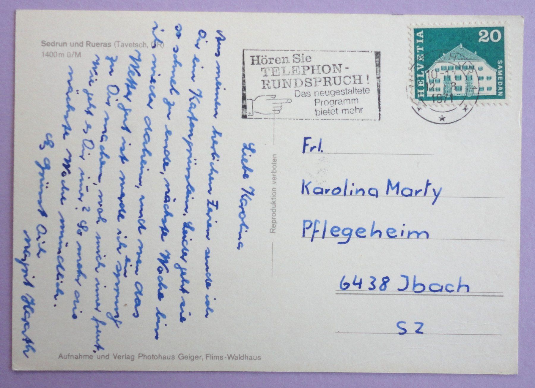 Cartoline postali: Sedrun  und Rueras 1400 m ü.M. – Difettoso da Fétigny venduto da Billy2miny 1