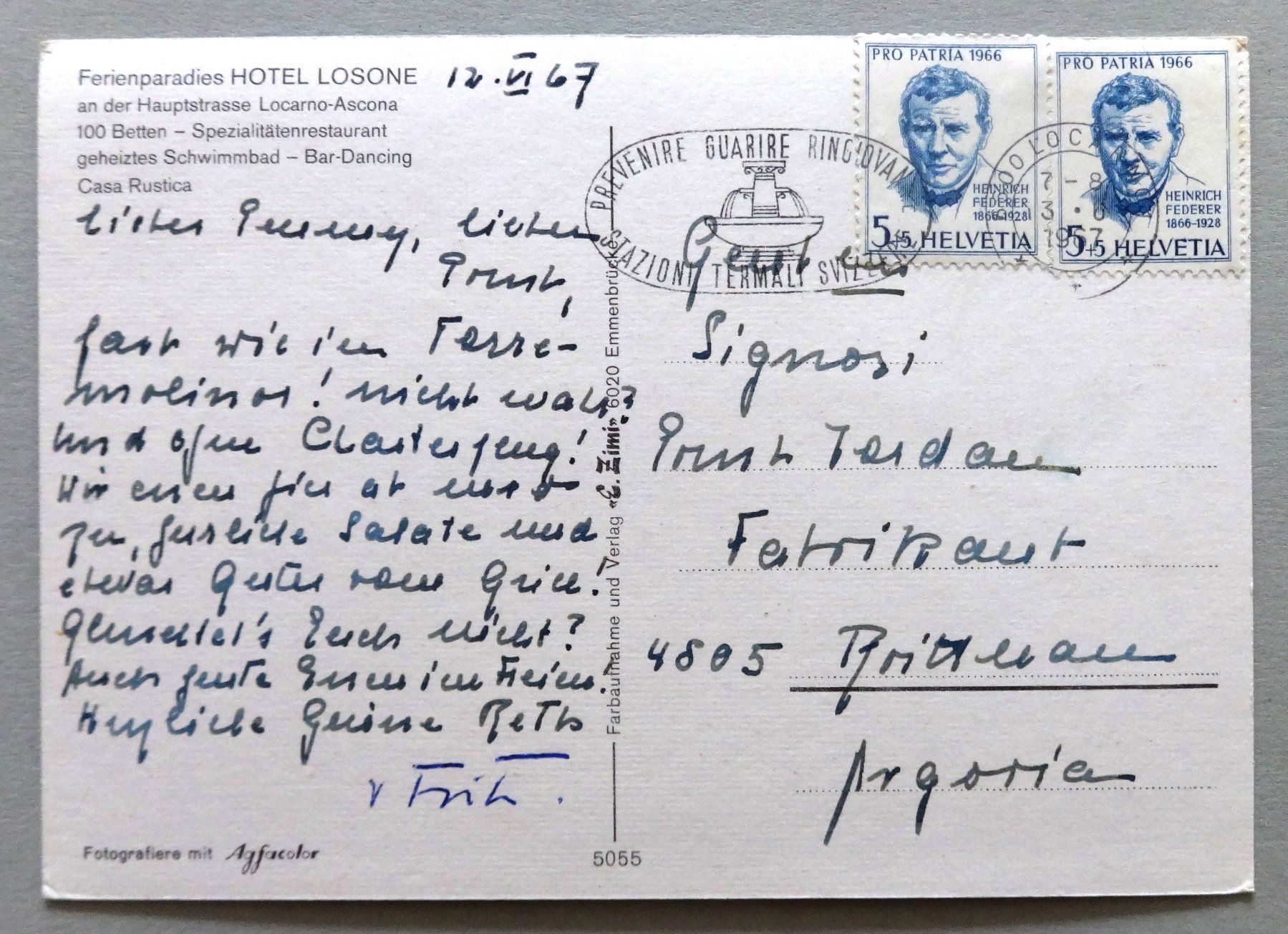 Cartes postales: Hotel Losone – D'occasion à Fétigny par Billy2miny 1
