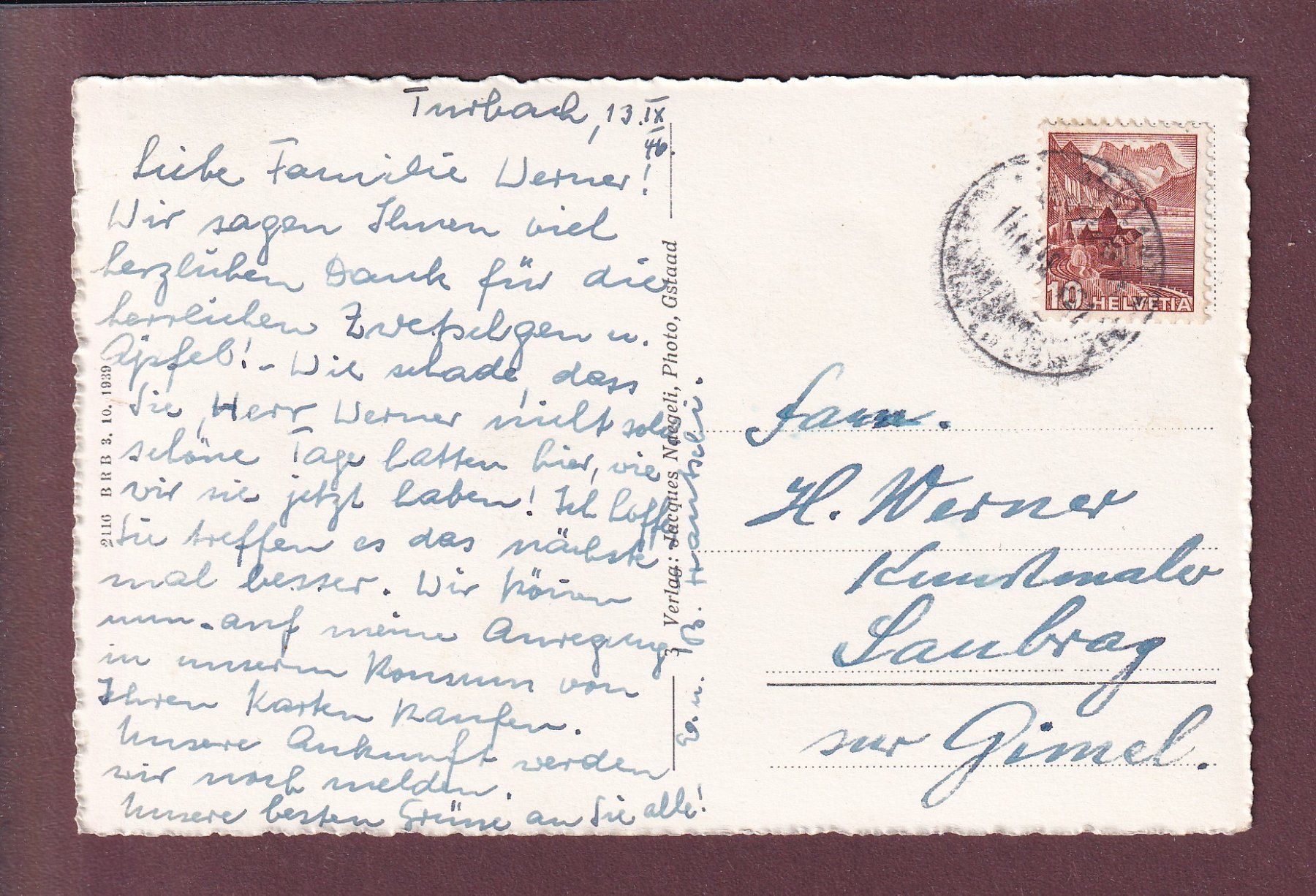 Ansichtskarten: TURBACH-TAL - 1946 – Gebraucht aus Pully von nicecards 1