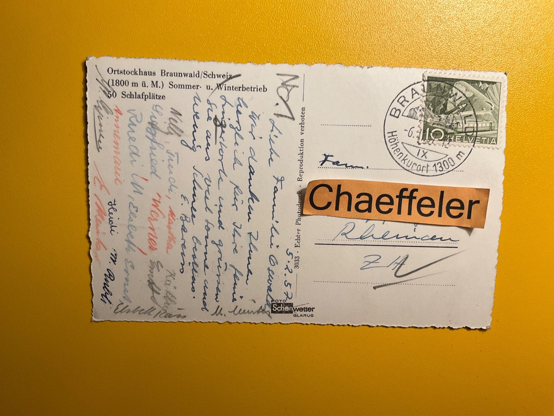 Cartes postales: 1957 Ortstockhaus Braunwald – D'occasion à Zürich par Chaeffeler 1