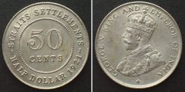 STRAITS SETTLEMENTS 50 Cents 1921 GEORGE V. Silber unz