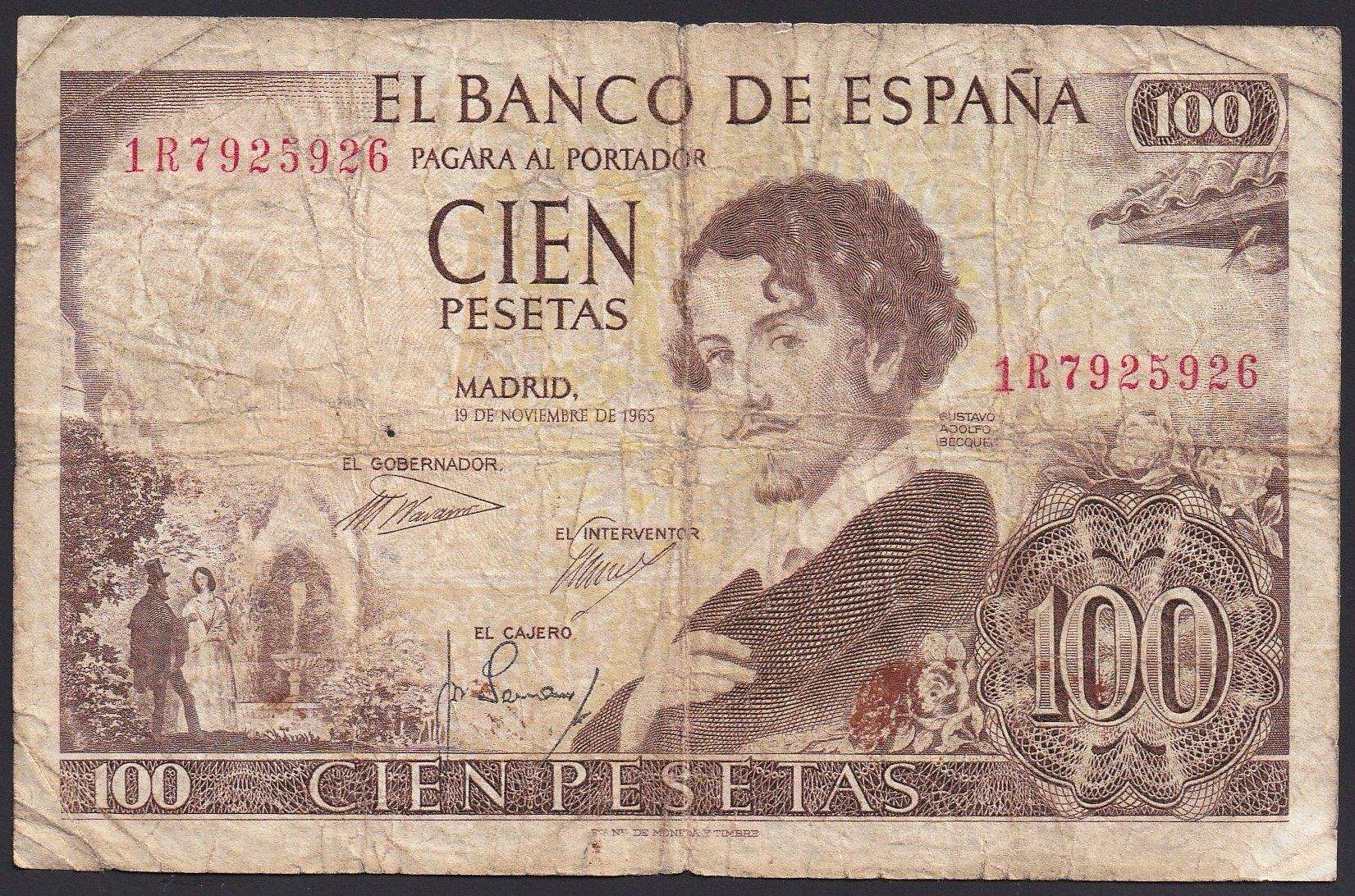 Banconote: Spanien 100 Pesetas 1965 – Usato da Brugg AG venduto da banknoten_muesli