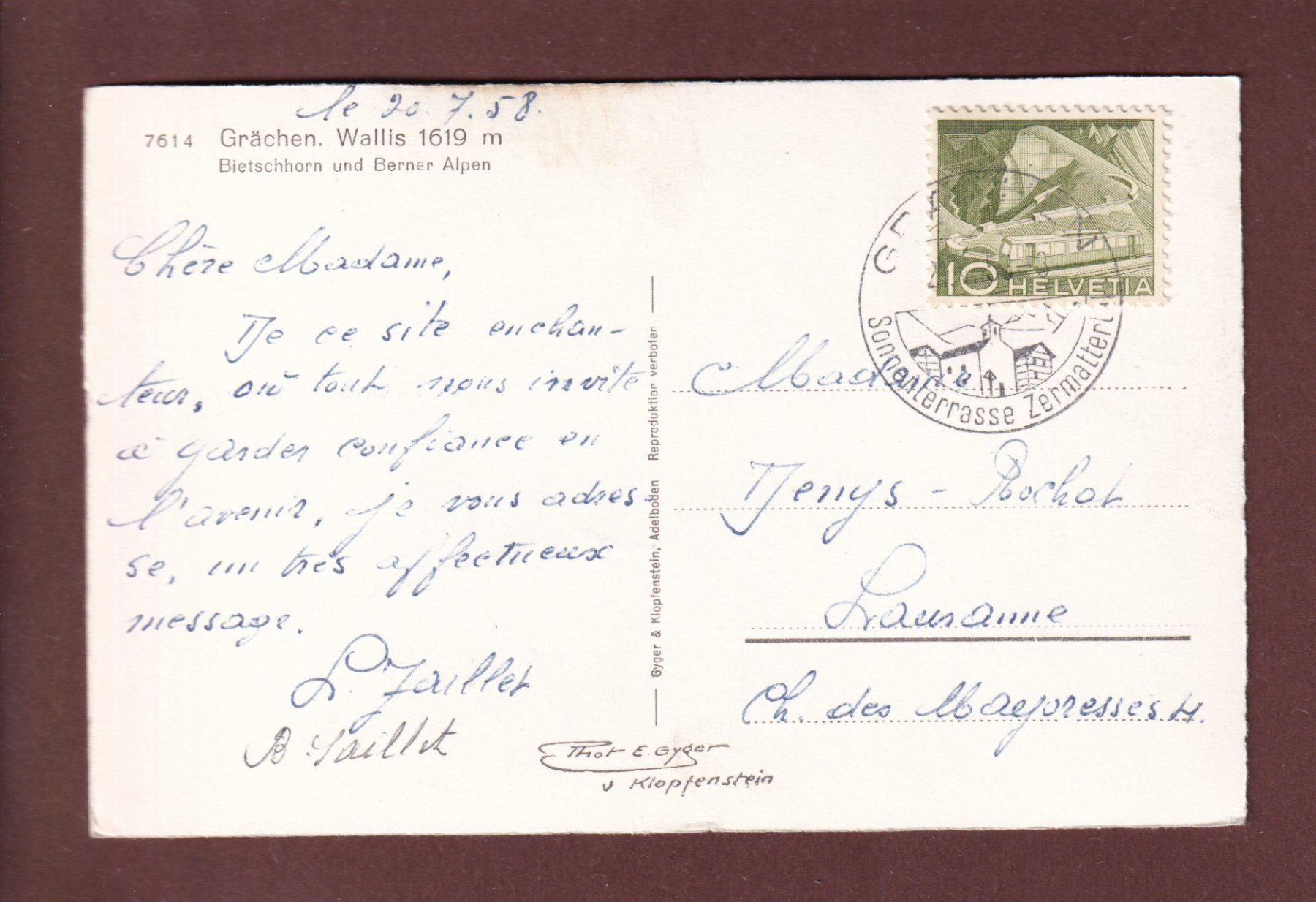 Cartoline postali: GRÄCHEN - 1958 – Usato da Pully venduto da nicecards 1