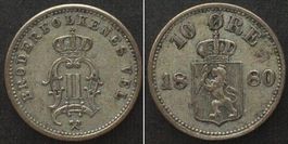NORWEGEN 10 Ore 1880 OSCAR II v. SCHWEDEN Silber SELTEN f.vz