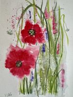 Rote Blumen Aquarell Originalgemälde, ungerahmt, neu