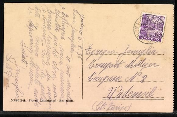 Ansichtskarten: AK Bellinzona, Posta e Telegrafo, 1935 – Gebraucht aus Berlin von bartko-reher 1
