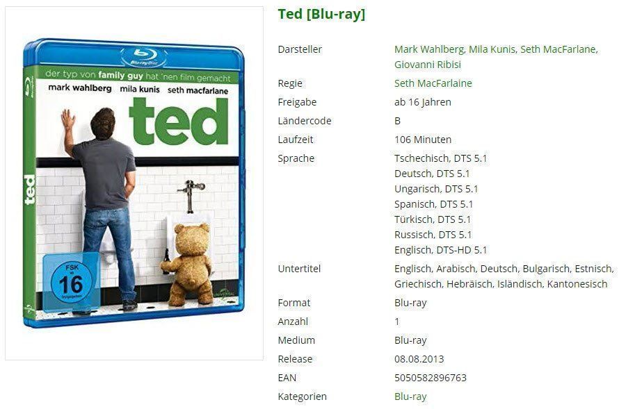 Tutti i DVDs: Ted [Blu-ray] – Usato da Buchrain venduto da Sssschaller