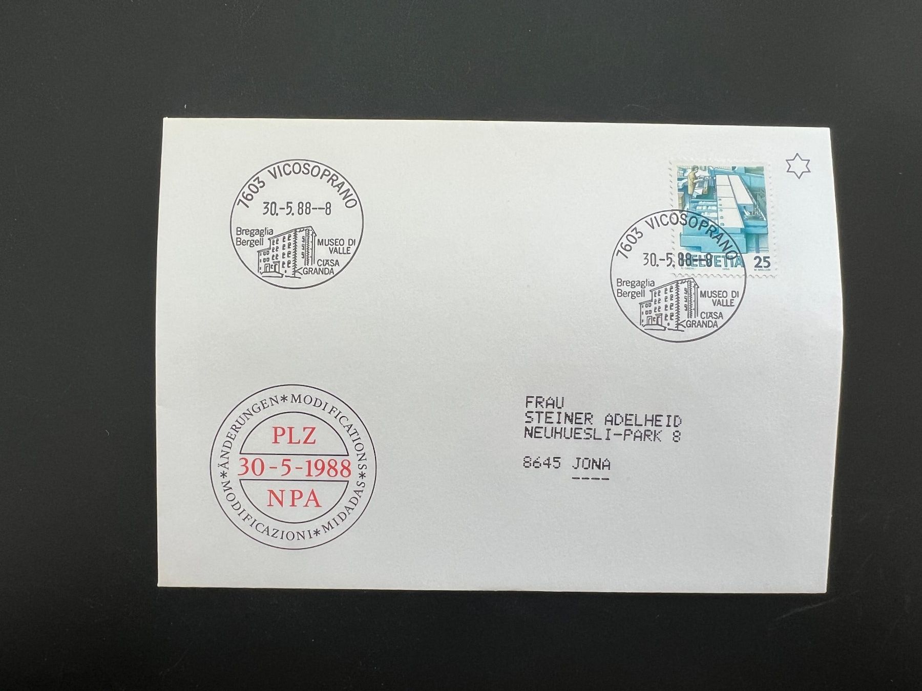 Tutti i francobolli: Vicosoprano Erstagbrief-Werbe-Stempel  (M880) – Usato da Hinwil venduto da Sidi4