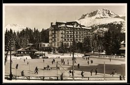 AK Arosa, Blick auf ein Hotel und Schlittschuhläufer