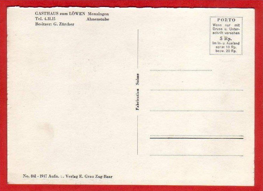 Cartoline postali: MENZINGEN, GASTHAUS ZUM LÖWEN, GROSSFORMAT – Usato da Grüningen venduto da Kartenlaube 1