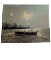 Segelboot im Gegenlicht, Hafenkulisse, signiert Ch. Martin