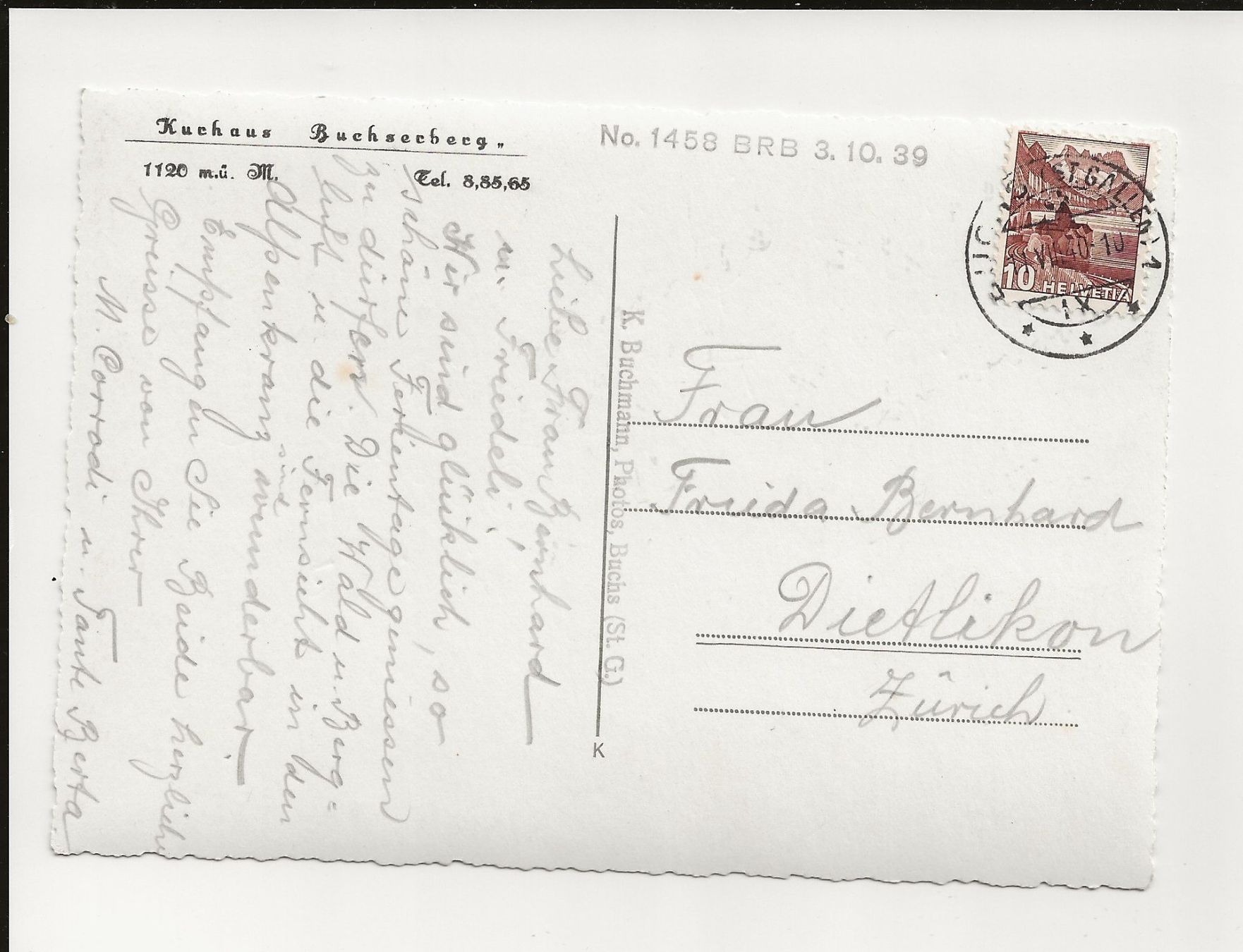 Ansichtskarten: AK 1939/40 Kurhaus Buchserberg SG – Gebraucht aus Greifensee von 315WDO 1