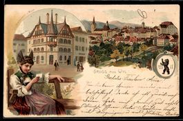 Lithographie Wyl, Gasthaus zur Rose, Ortsansicht, Junge Frau